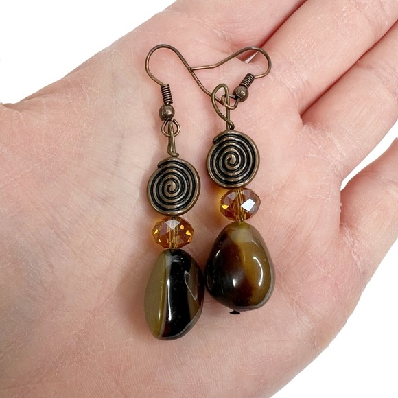 Natural Stone & Antiqued Brass Swirl Amber Faceted Bead Dangle Pierced Earrings - Picture 5 of 8